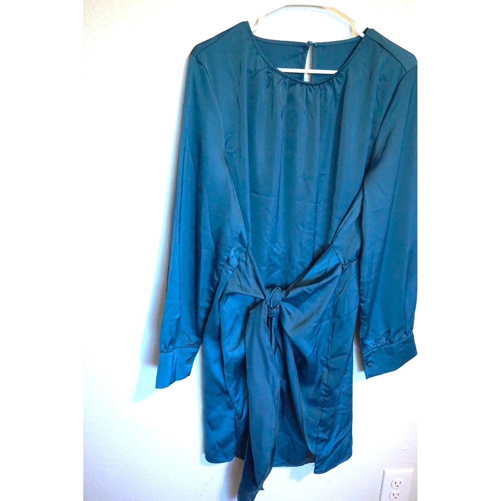 G&Y Teal Blue Satin Tie Front Mini Dress Long Sleeve Cocktail XXL NEW - Picture 4 of 8
